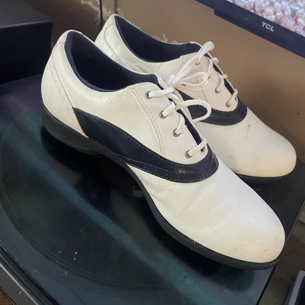 Adidas Women's Classic Saddle White and Navy Blue Golf Shoes